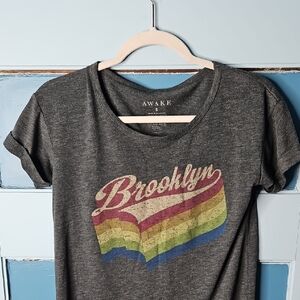 Awake Women’s Charcoal Tee with Rainbow Brooklyn Graphic Small